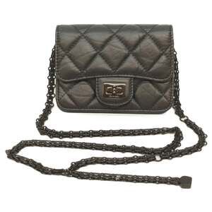 CHANEL 2.55 So Black Vintage Calfskin Business Card Case Chain Mini Shoulder ...